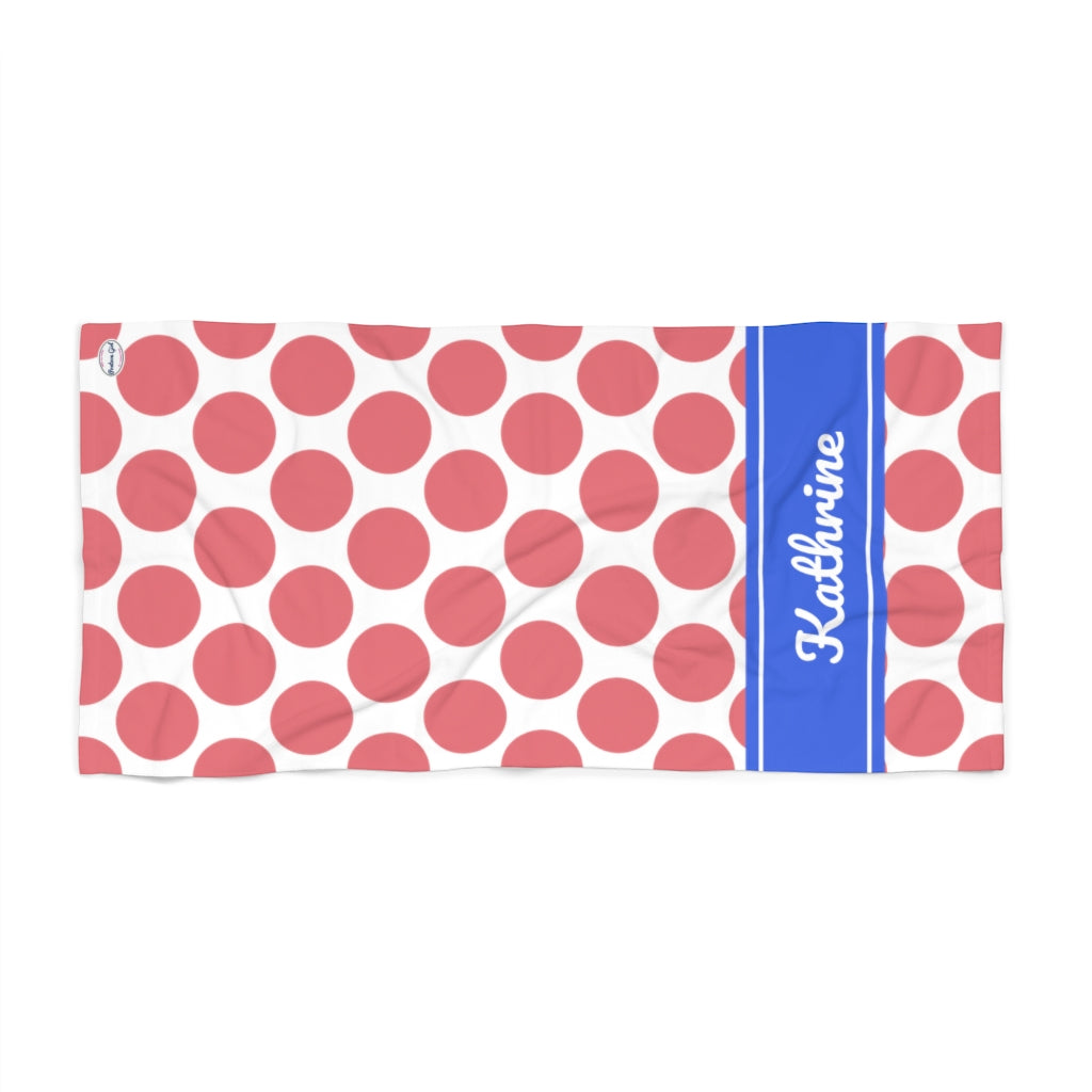 Copy of Copy of White Towel Pink Circles Beach Towel - blue Band - KATHRINE