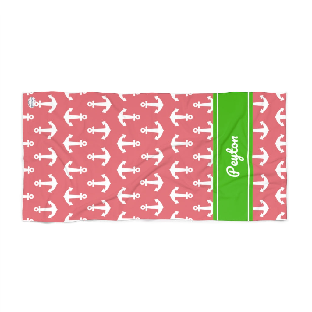 White Anchor Beach Towel - Pink Background - Green Band - Peyton