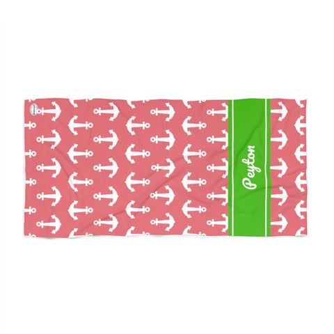 White Anchor Beach Towel - Pink Background - Green Band - Peyton