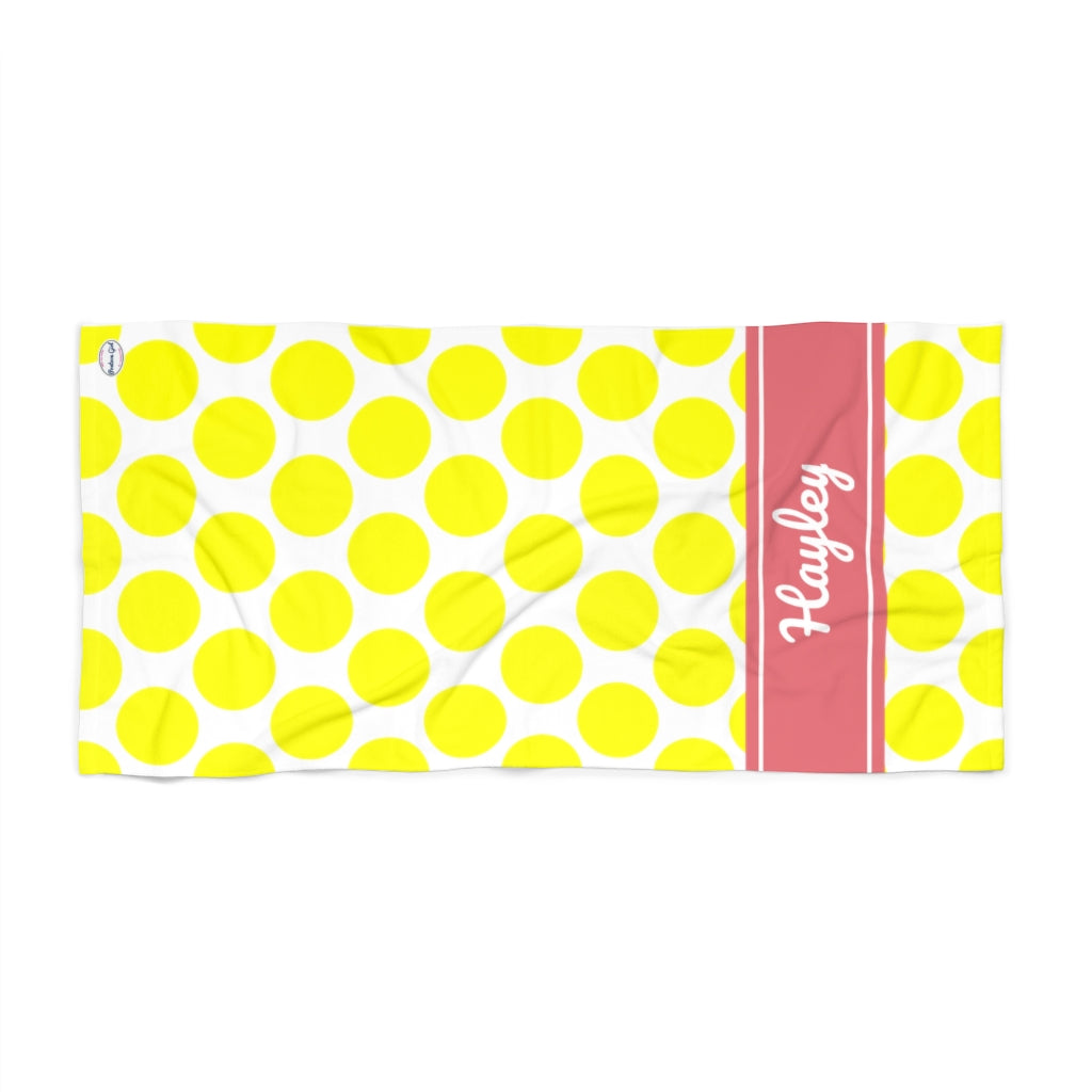 Yellow Polka Dot Beach Towel - White Background - pink band - Hayley