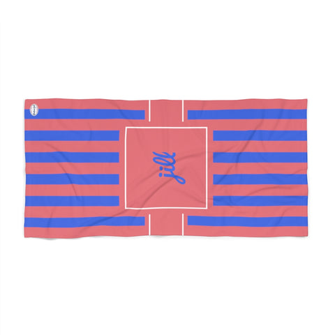 Pink Stripe Beach Towel - Blue Background - pink square - jill