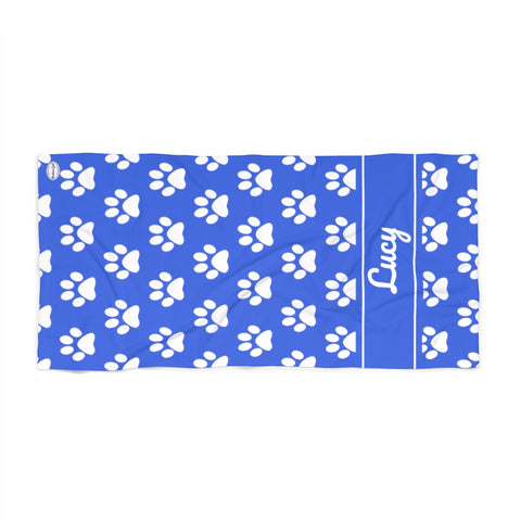 White Paw Beach Towel - Blue Background - Blue band - Lucy
